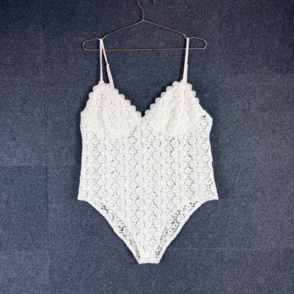 H&M White Floral Crochet Lace Bodysuit V-Neck adjustable straps XL 0741816 9